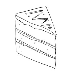 Hand drawing slice cake with sprinkles. Piece of cake in doodle style.