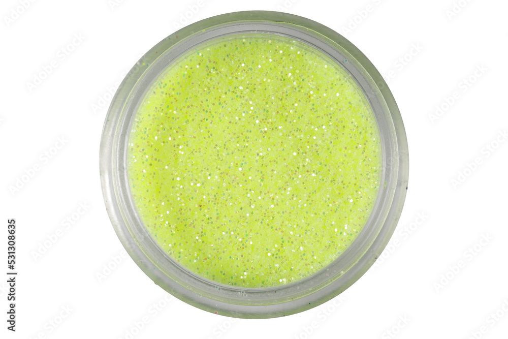 Poster colored sequins in a plastic jar isolated on a white