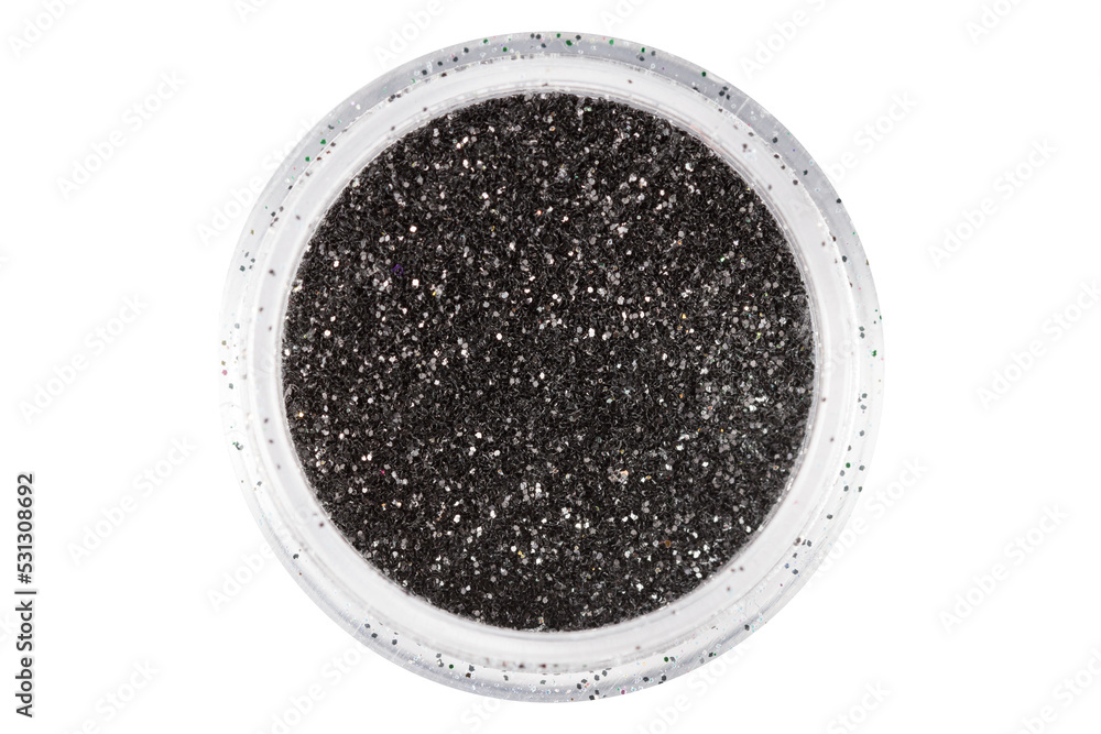 Poster colored sequins in a plastic jar isolated on a white