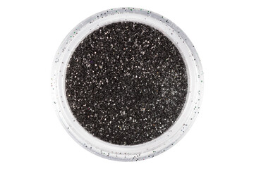 colored sequins in a plastic jar isolated on a white