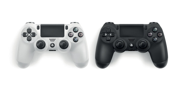 Dnipro, Ukraine, September 17, 2022: Sony PlayStation 4 video game console controller set. White and black joystick gamepad dualshock 4 with realistic shadow on white background. Vector illustration.