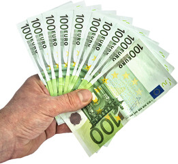 Hand mit 1000 Euro Geldscheinen isoliert