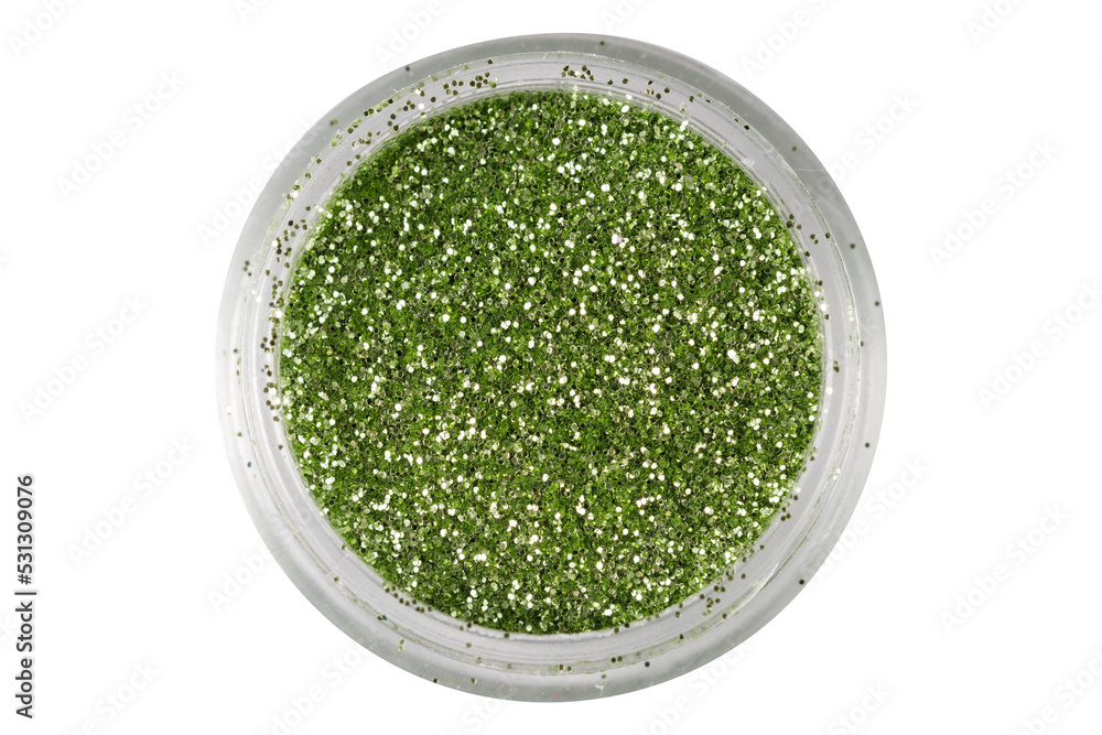 Poster colored sequins in a plastic jar isolated on a white