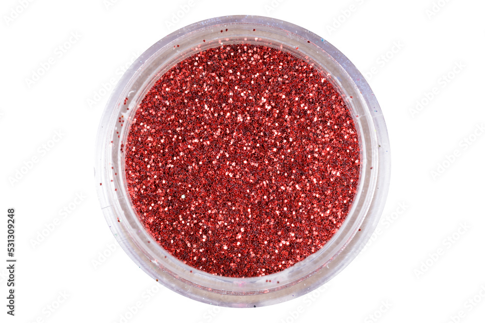 Poster colored sequins in a plastic jar isolated on a white