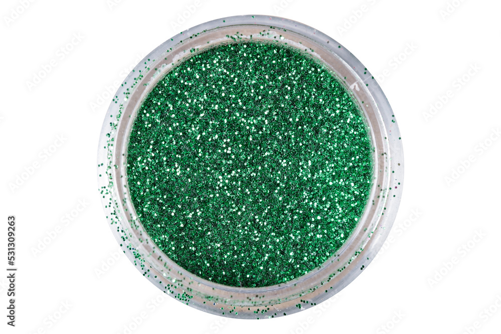 Poster colored sequins in a plastic jar isolated on a white