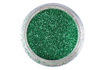 colored sequins in a plastic jar isolated on a white