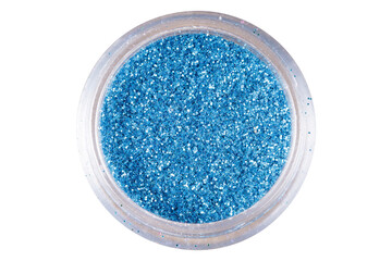 colored sequins in a plastic jar isolated on a white