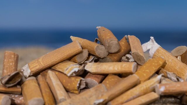 Cigarette stubs on a sandy beach