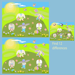 in the funny Rabbits on the Grass rebus for children up to 8 years old, find 12 differences