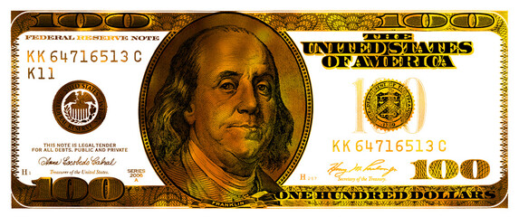 transparent golden textured 100 US dollar banknote - obrazy, fototapety, plakaty