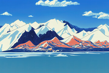 Big mountain lake Issyk-Kul, high snowy mountains, dark blue water, clear blue sky, Kyrgyzstan anime style, cartoon style toon style