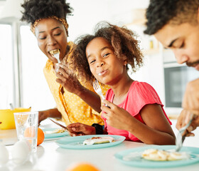 family child kitchen food daughter mother love eating preparing pancake breakfast  happy together...