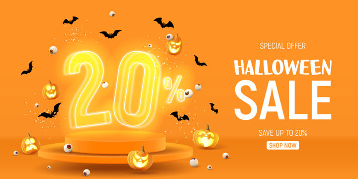 Halloween sale banner template. Vector illustration with soaring podium and neon numbers with amount of discount. Vector illustration. Ad background with 3d stage for Halloween sale.