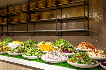 Vegetarian food. Healthy eating. Food industry. Dining table. Healthy meal.Smorgasbord in hotel on vacation 