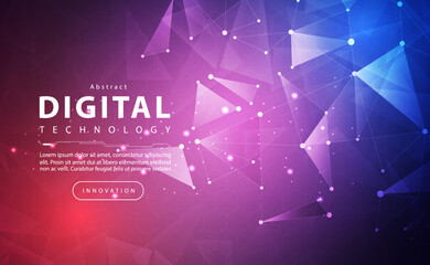 Digital technology banner pink blue background, cyber technology line light effect, abstract tech, innovation future data, orange sky color, big data, line dot internet connection, illustration vector