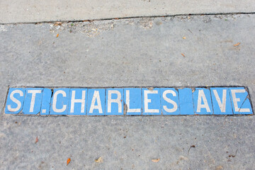 St. Charles Avenue Street Tile Inlay on Sidewalk in Uptown Neighborhood in New Orleans, Louisiana,...