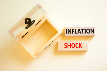 Inflation shock symbol. Concept words Inflation shock on wooden blocks. Beautiful white table white background. Empty wooden chest. Business inflation shock concept. Copy space.