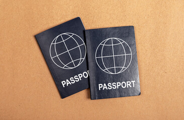 Two same abstract passports top view. Abstract citizenship ID documents of blue color on table