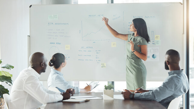Businesswomen uses whiteboard for presentation of research, strategy and vision to colleagues to grow their company. Using her leadership skills, she speaks to other employees to give a sales talk
