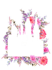 Watercolor floral castle card design. Girly invitation template. Dreamy background