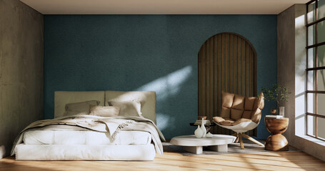 Fototapeta na wymiar Minimalist wabisabi interior mock up with zen bed plant and decoartion in japanese bedroom. 3D rendering.