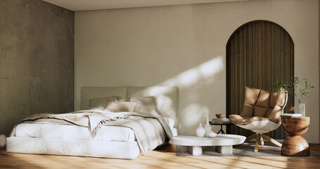 Minimalist wabisabi interior mock up with zen bed plant and decoartion in japanese bedroom. 3D rendering.