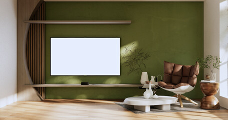 Tv cabinet in japanese living room on old green wall background,3d rendering