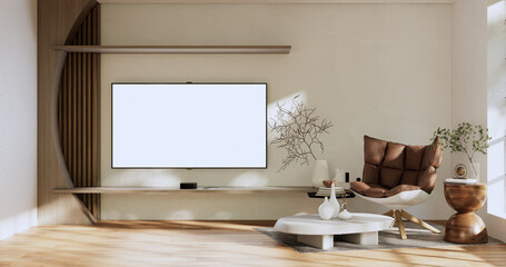 Tv Cabinet wooden design on white room interior modern style.3D rendering