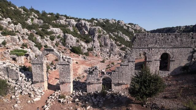 Aerial view of ruined roman aqueduct. Antique city of Olba, Silifke, Mersin province, Turkey