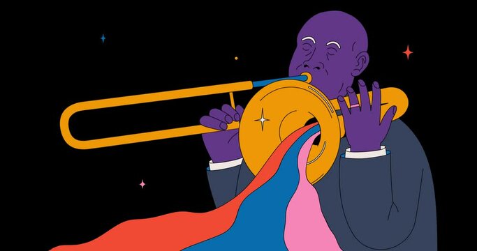Trumpeter plays on wind instrument fast melody in black studio. Looped Character animation.