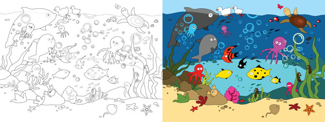 Fototapeta na wymiar Vector bright cartoon illustration for a coloring book. Marine life.