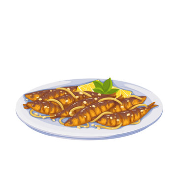 Sarde in saor, Italian food vector illustration. Cartoon isolated glass plate with fried marinated sardines, sour onions, pine nuts and raisins, dish of Venetian cuisine and fish snack from Italy