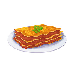 Lasagne, Italian food vector illustration. Cartoon glass plate with meal of layers of lasagna pasta, mozzarella cheese and ragu or bolognese sauce from minced meat and tomato, isolated dish from Italy - obrazy, fototapety, plakaty
