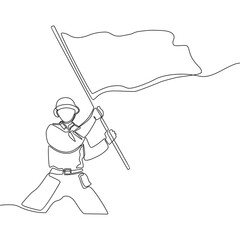 continuous single line drawing of a soldier waving the flag on independence day