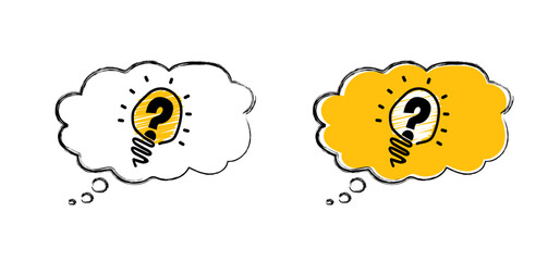 Cartoon brain electric lamp idea with question mark. FAQ, business loading concept. Vector light bulb icon or sign ideas. Brilliant lightbulb education or invention pictogram.