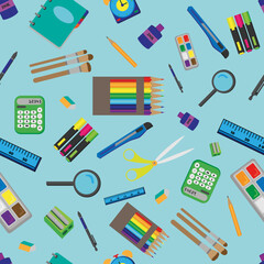Bright vector seamless pattern with education and school icons