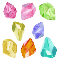 Set of vector watercolor gems. Colorful crystal, mineral. Template for print, scrapbooking. Printable