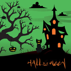 Haunted house, headless horseman, pumpkins at moon night