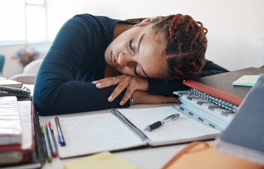 Burnout, sleeping student at desk with books while studying, reading or university education...