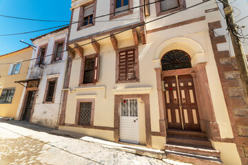 CUNDA ISLAND (Alibey Island). Historical old Greek style colorful houses of Cunda. Ayvalik, Balikesir, Turkey.