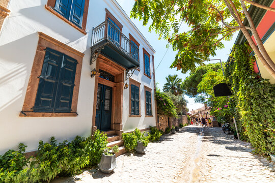 CUNDA ISLAND (Alibey Island). Historical old Greek style colorful houses of Cunda. Ayvalik, Balikesir, Turkey.