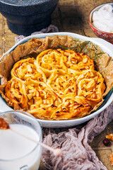 Cinnamon rolls with apples, fall baking concept