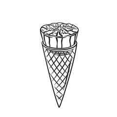 Ice cream in waffle cone, summer sweet food outline icon vector illustration. Hand drawn line frozen vanilla sundae, wafer ice cream with chocolate crumbs, cold milk dessert and snack for kids