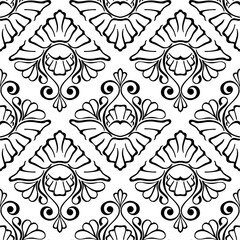 seamless graphic pattern, floral black ornament tile on white background, texture, design