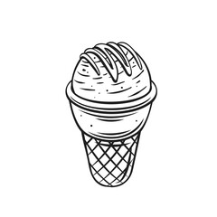 Ice cream, soft ball in waffle cup, summer food and frozen dessert outline icon vector illustration. Hand drawn line vanilla sundae with tasty decoration of caramel sauce, ice cream with graffiti