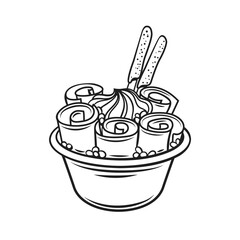 Ice cream rolls, chilled Thai summer dessert in basket outline icon vector illustration. Hand drawn line rolled frozen ice cream with waffles, cookies and chocolate topping, Asian street food