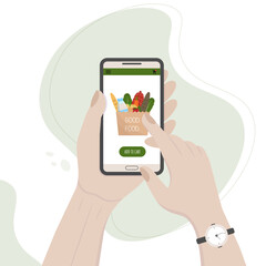 Online payment concept with hand. Vector food delivery illustration