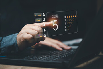 Men use notebooks to rate the satisfaction with 5 stars. Concept of impression of service. Customer...