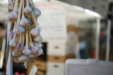 Pile of garlic hanging in the farmers market during the daytime