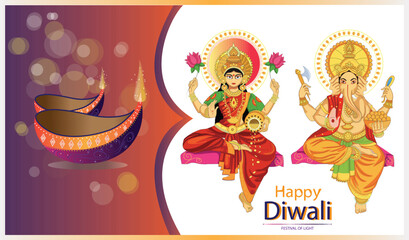 Vector design of Goddess Lakshmi and Lord Ganesha for Happy Diwali prayer festival of India in Indian art style